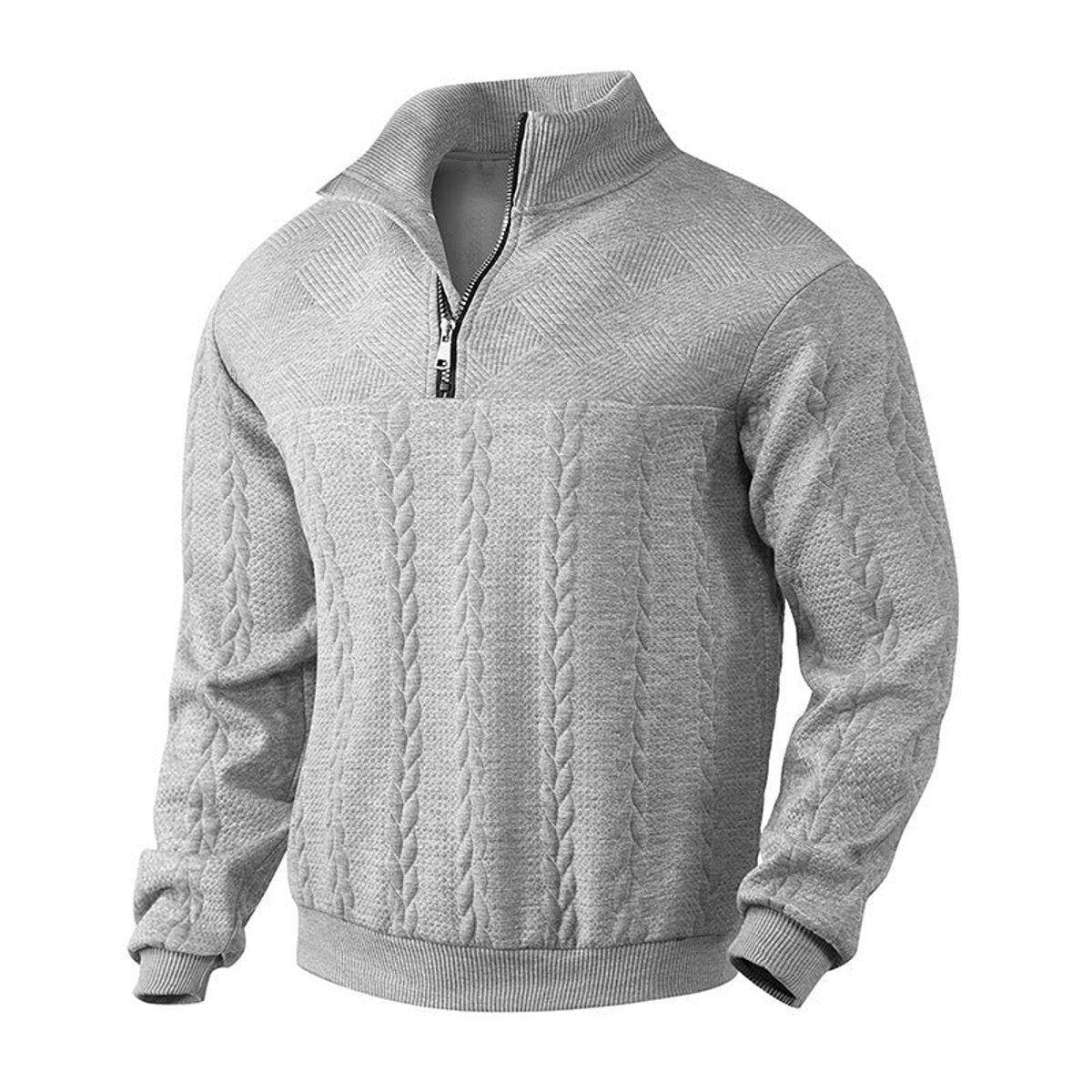 Men's cable knit quarter-zip sweater with mock neck and long sleeves