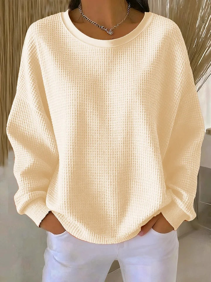 Women's textured crew neck sweater with long sleeves and ribbed trims