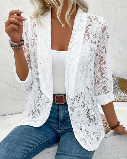 Women's open-front lace blazer with long sleeves