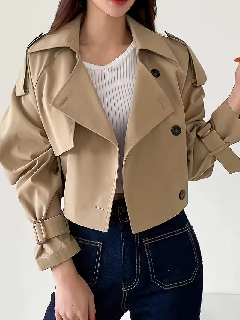 Women's beige cropped double-breasted trench coat with buckle cuffs
