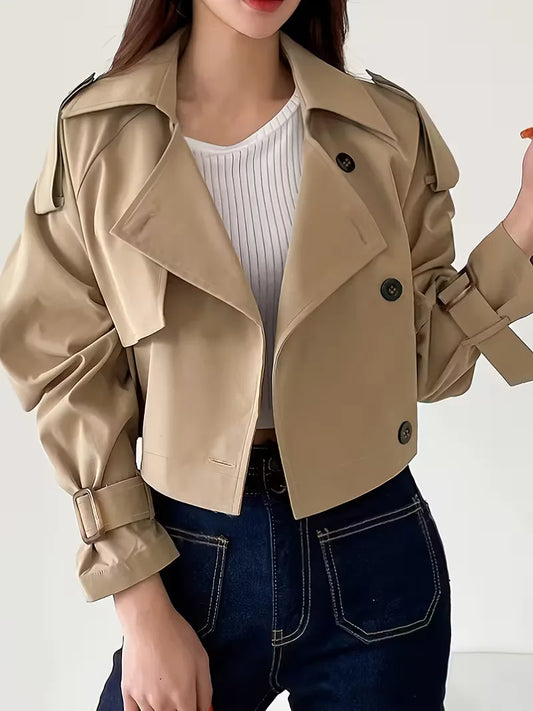 Women's beige cropped double-breasted trench coat with buckle cuffs