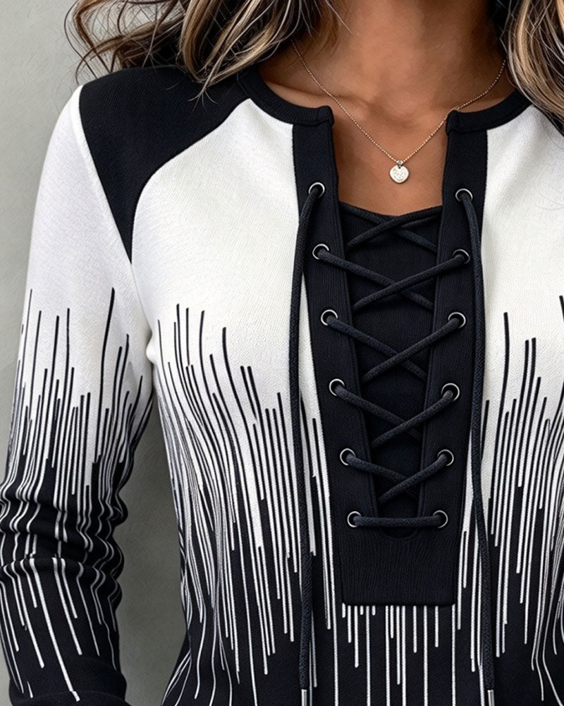Women's black and white geometric lace-up fitted sweatshirt