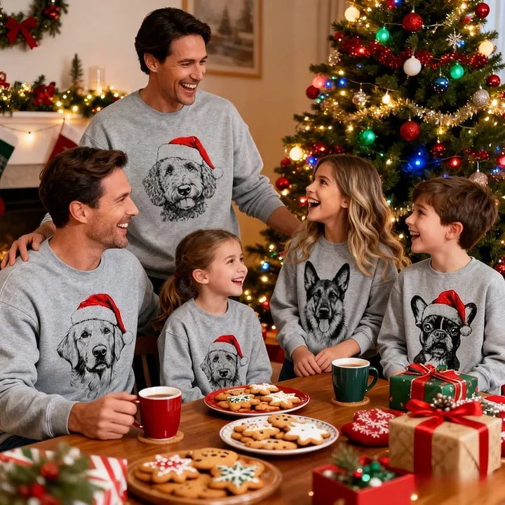 Unisex grey Christmas sweatshirt with dog Santa hat design, shown on family members around decorated kitchen