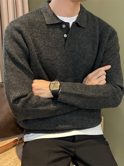 Men's ribbed knit polo sweater with point collar and long sleeves