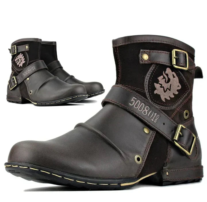 Men's ankle biker boots with multiple buckle straps