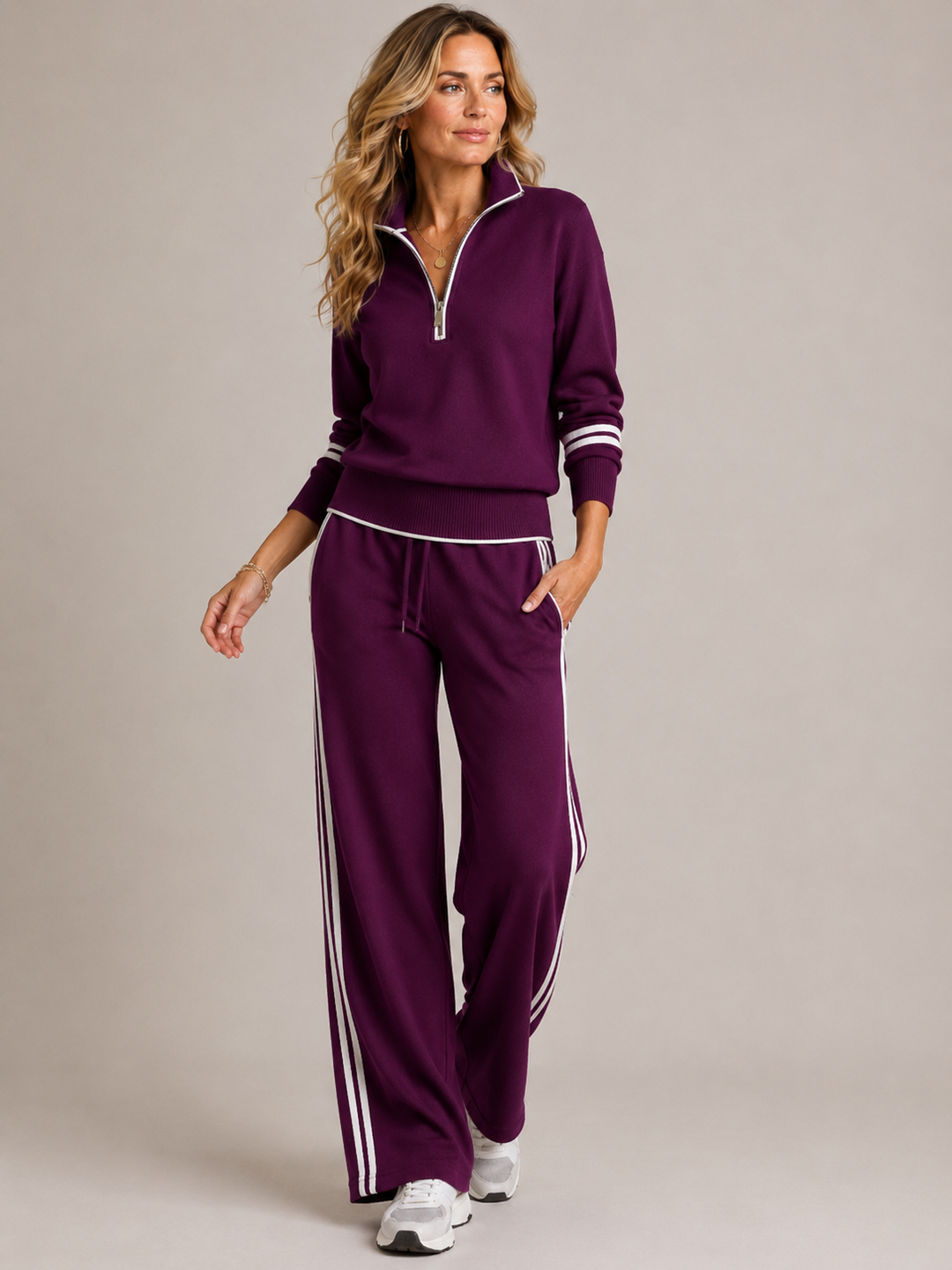 Women's zip sweater and wide-leg trouser set with contrast side stripes