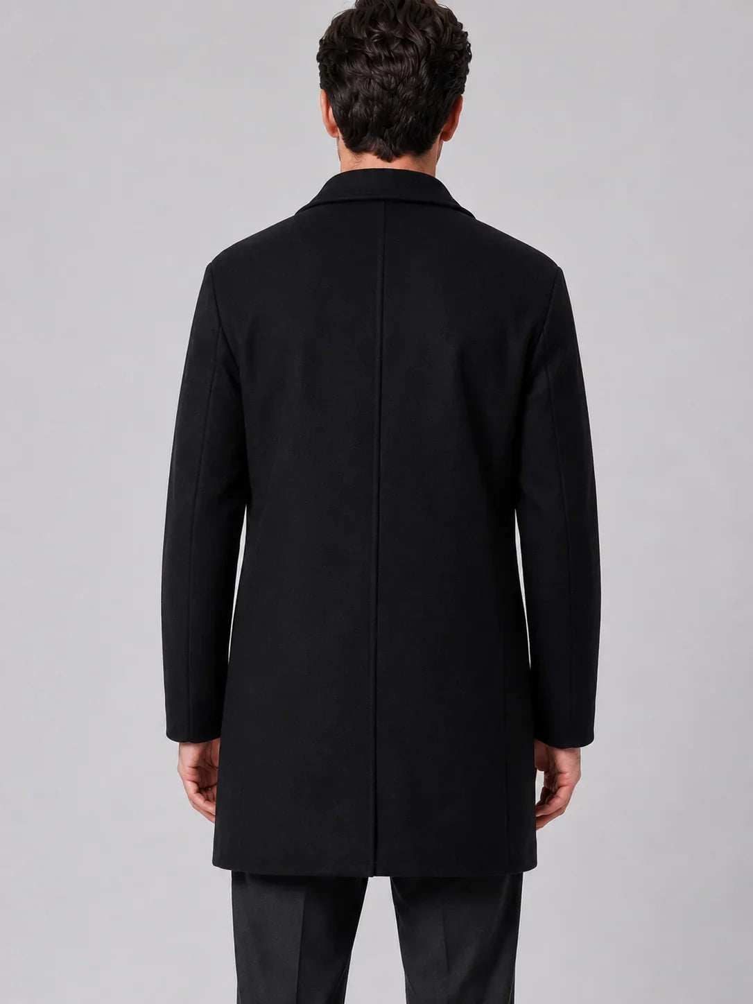 Men's single-breasted longline overcoat with notched lapels and button front