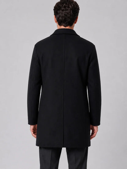 Men's single-breasted longline overcoat with notched lapels and button front