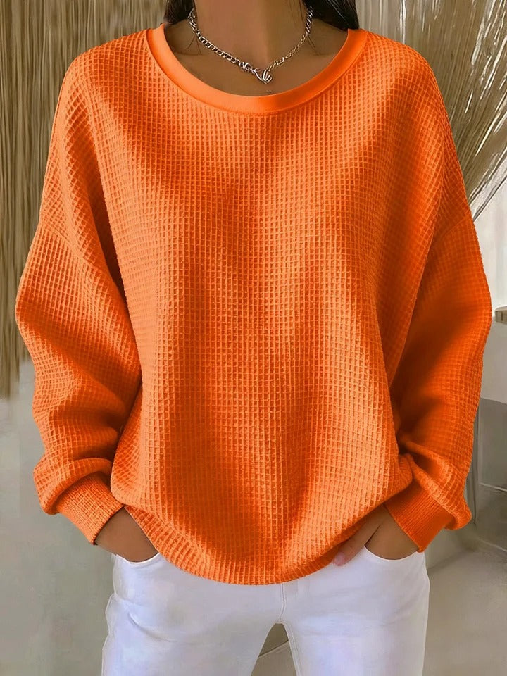 Women's textured crew neck sweater with long sleeves and ribbed trims