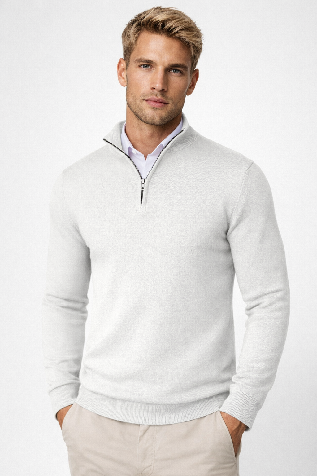 Men's half-zip sweater with mock neck and ribbed trims