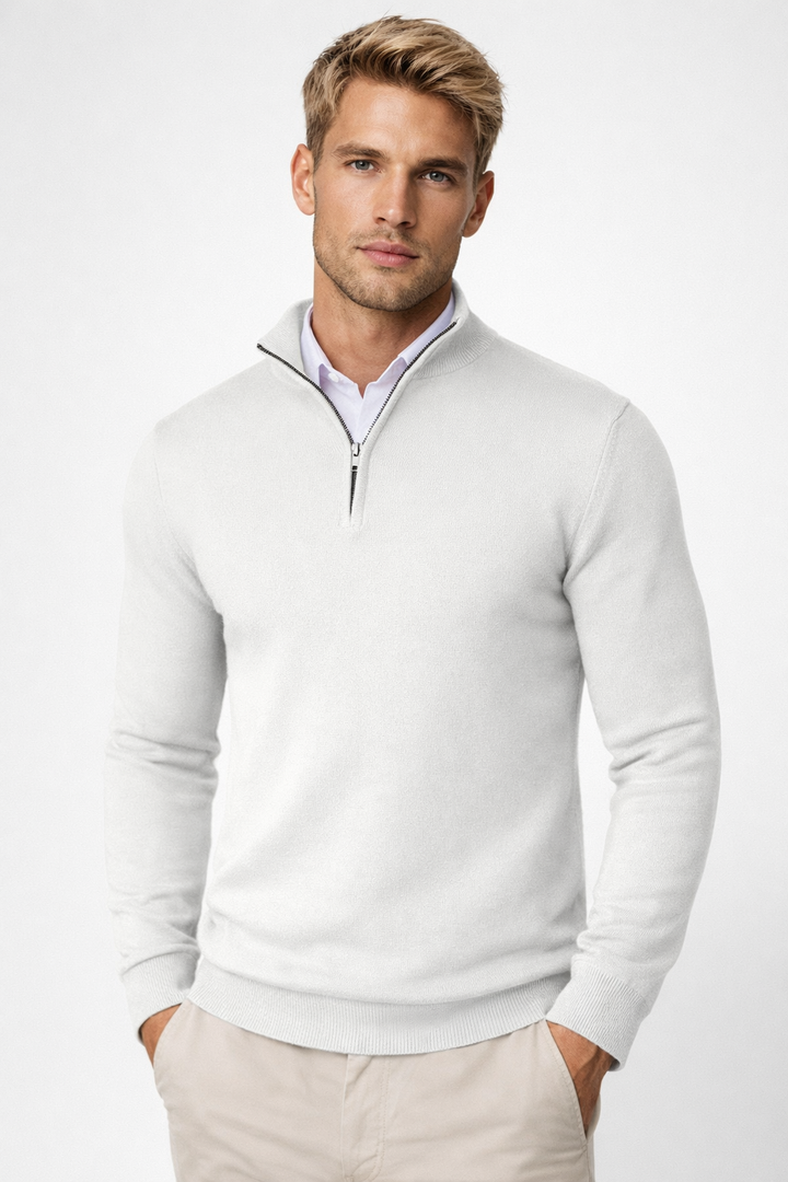 Men's half-zip sweater with mock neck and ribbed trims