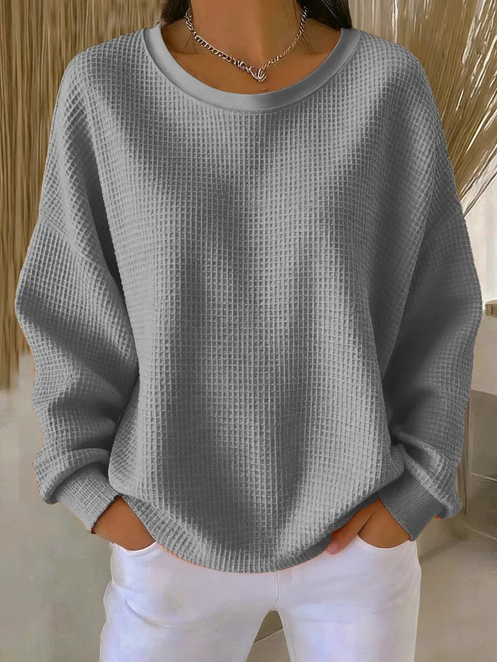 Women's textured crew neck sweater with long sleeves and ribbed trims