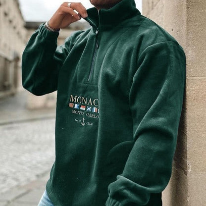 Men's quarter-zip mock neck sweater with graphic front and pouch pocket