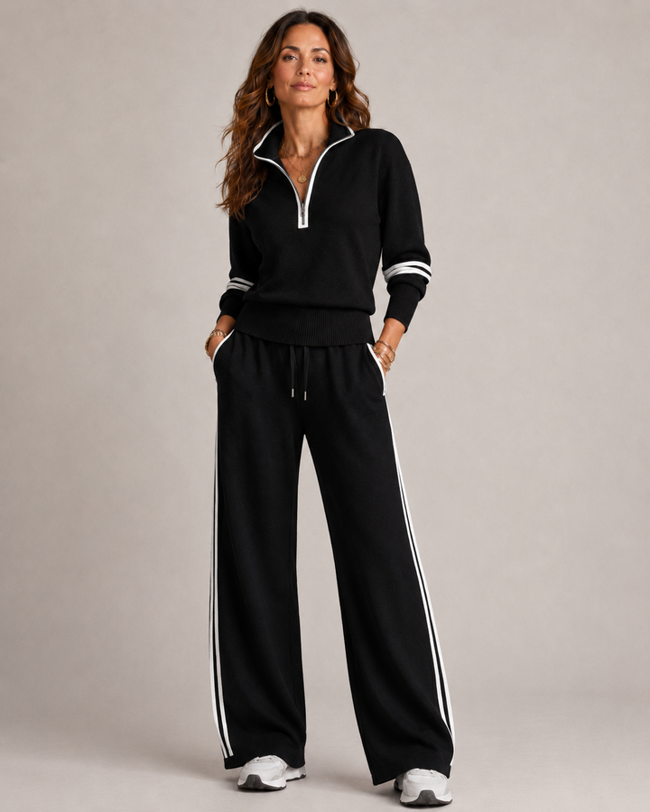 Women's zip sweater and wide-leg trouser set with contrast side stripes