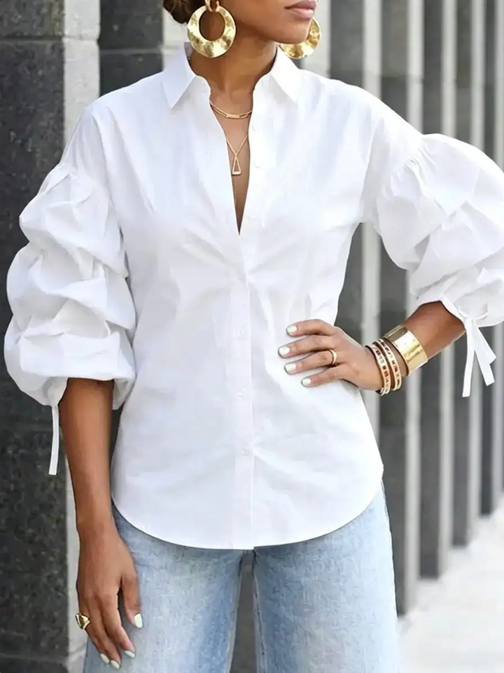 Women's puff sleeve button blouse with tied lapel collar in black