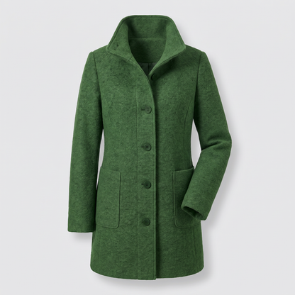 Women's longline trench coat with stand collar, button front and patch pockets