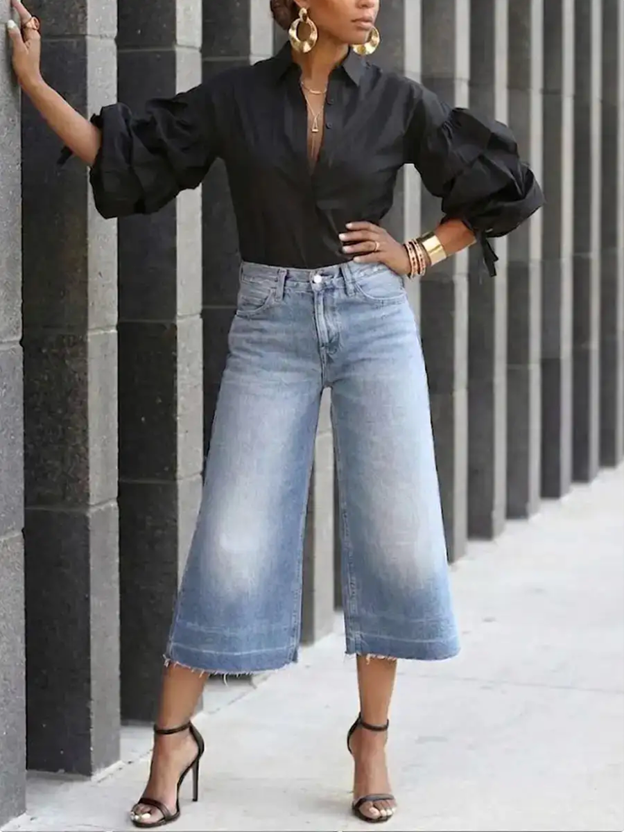 Women's puff sleeve button blouse with tied lapel collar in black