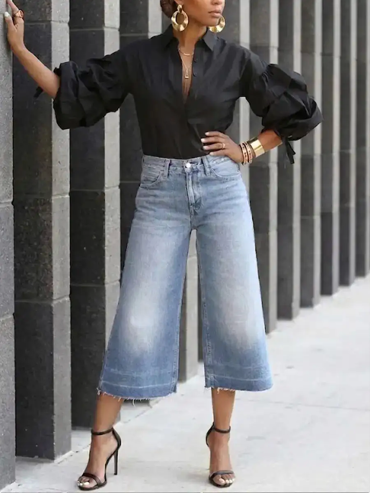 Women's puff sleeve button blouse with tied lapel collar in black
