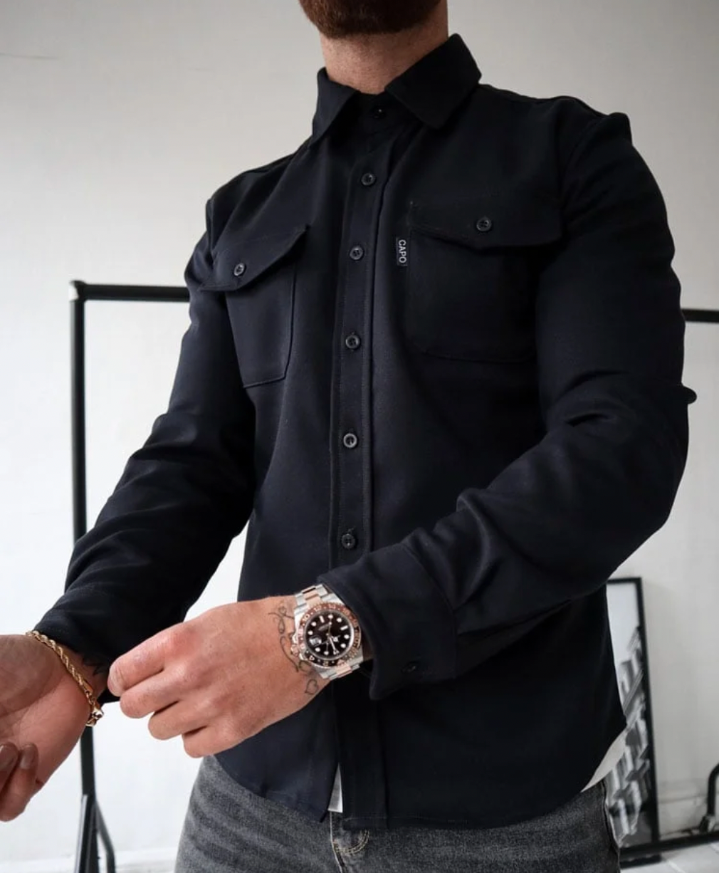 Men's long sleeve shirt jacket with collar and two chest pockets