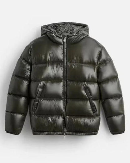 Men's hooded quilted puffer jacket with zip front and angled pockets