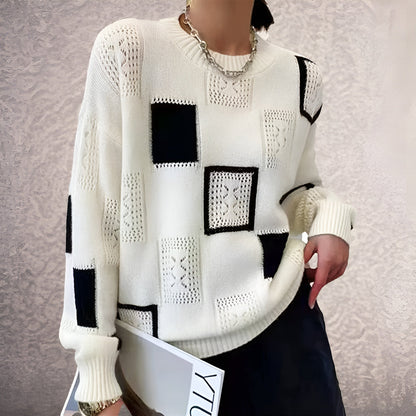 Women's geometric patchwork crew neck sweater with long sleeves