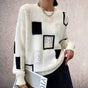Women's geometric patchwork crew neck sweater with long sleeves