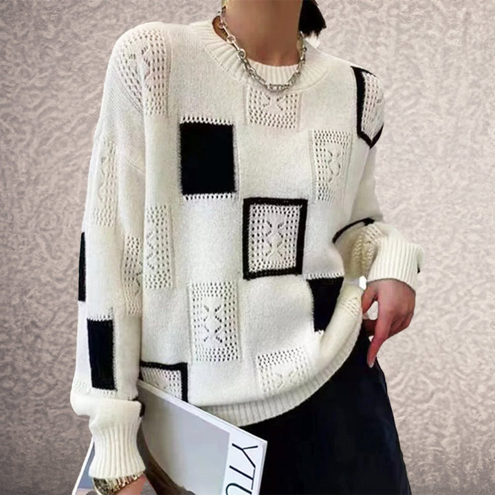 Women's geometric patchwork sweater with long sleeves