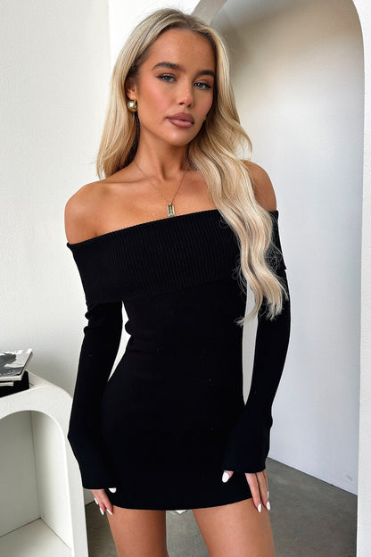 Black off-shoulder ribbed knit mini dress with long sleeves