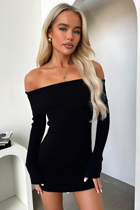 Black off-shoulder ribbed knit mini dress with long sleeves