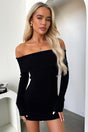 Black off-shoulder ribbed knit mini dress with long sleeves