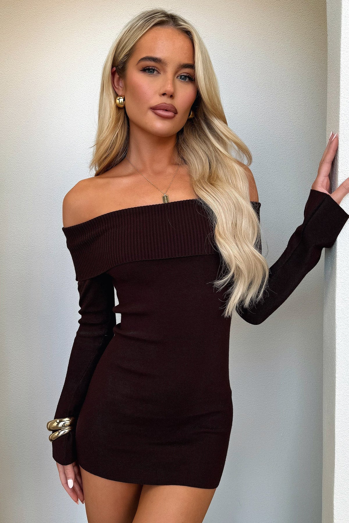 Women's dark brown off-shoulder ribbed mini dress with long sleeves