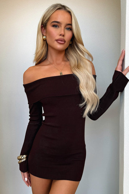 Women's dark brown off-shoulder ribbed mini dress with long sleeves