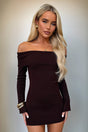 Women's dark brown off-shoulder ribbed mini dress with long sleeves