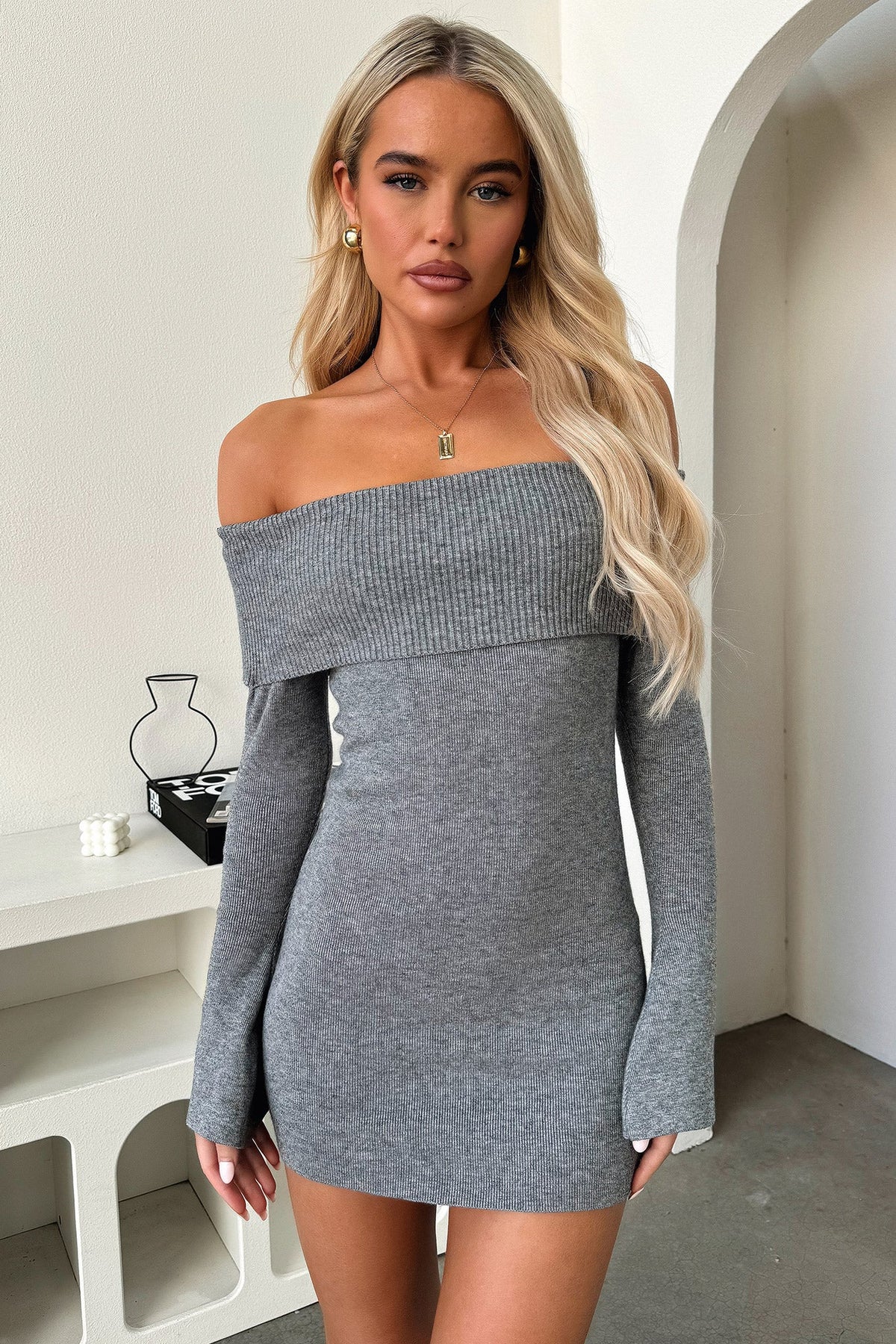 Women's gray off-shoulder ribbed knit mini dress with long sleeves
