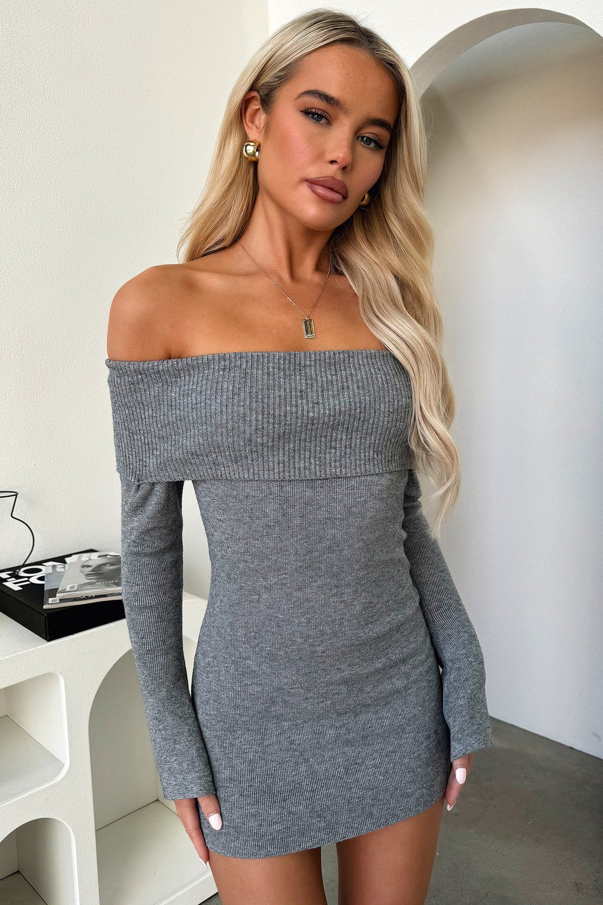 Women's gray off-shoulder ribbed knit mini dress with long sleeves