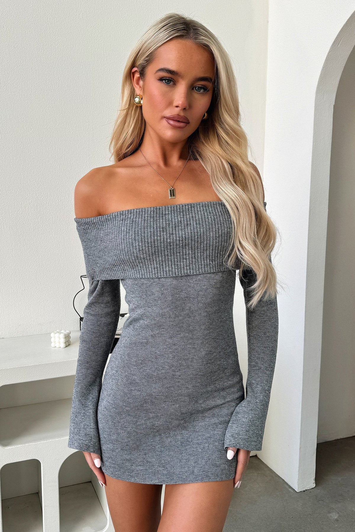 Women's gray off-shoulder ribbed knit mini dress with long sleeves