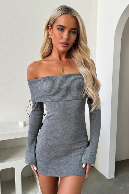 Women's gray off-shoulder ribbed knit mini dress with long sleeves