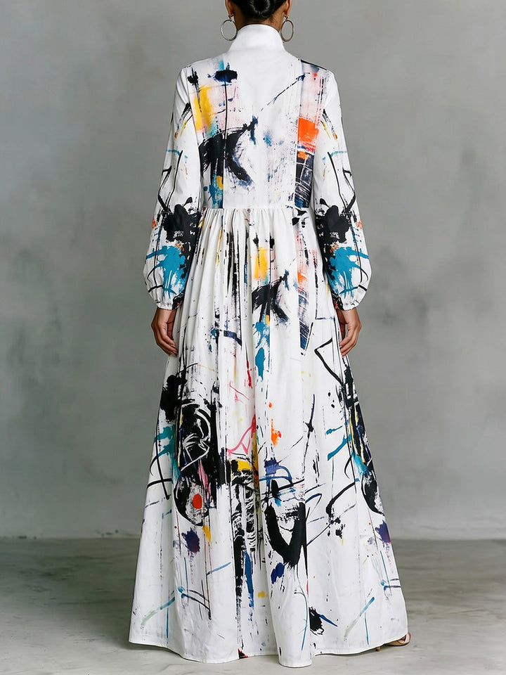 Women's white abstract print maxi shirt dress with stand collar