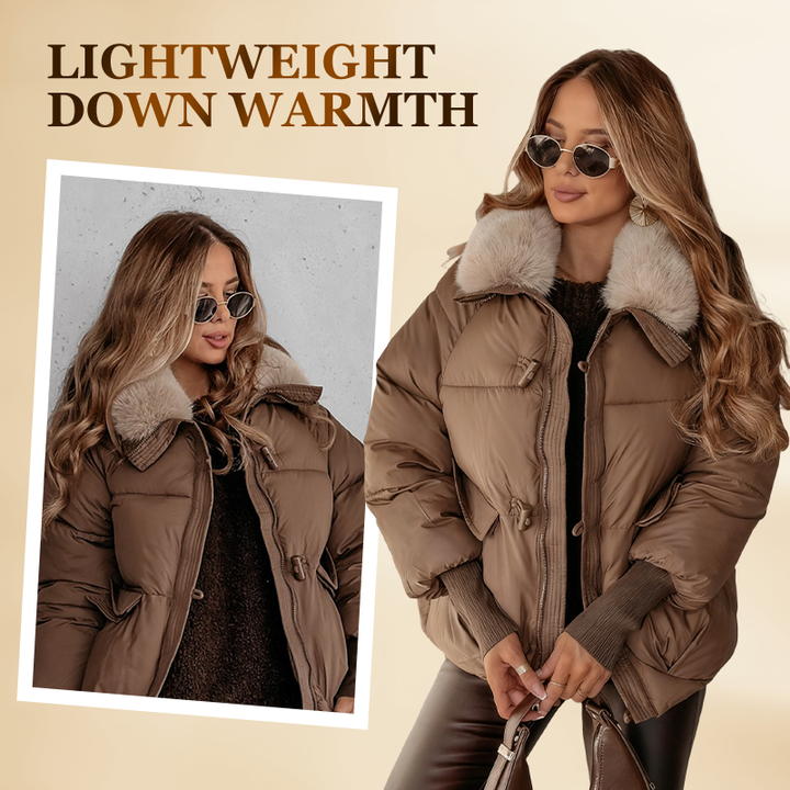 Women's short hooded puffer jacket with plush collar and pockets