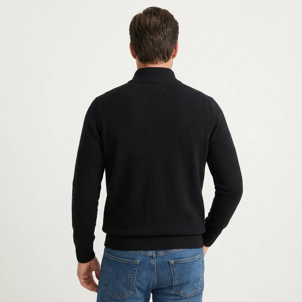 Men's quarter-zip sweater with stand collar and long sleeves