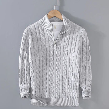 Men's cable knit quarter-zip sweater with mock neck and long sleeves