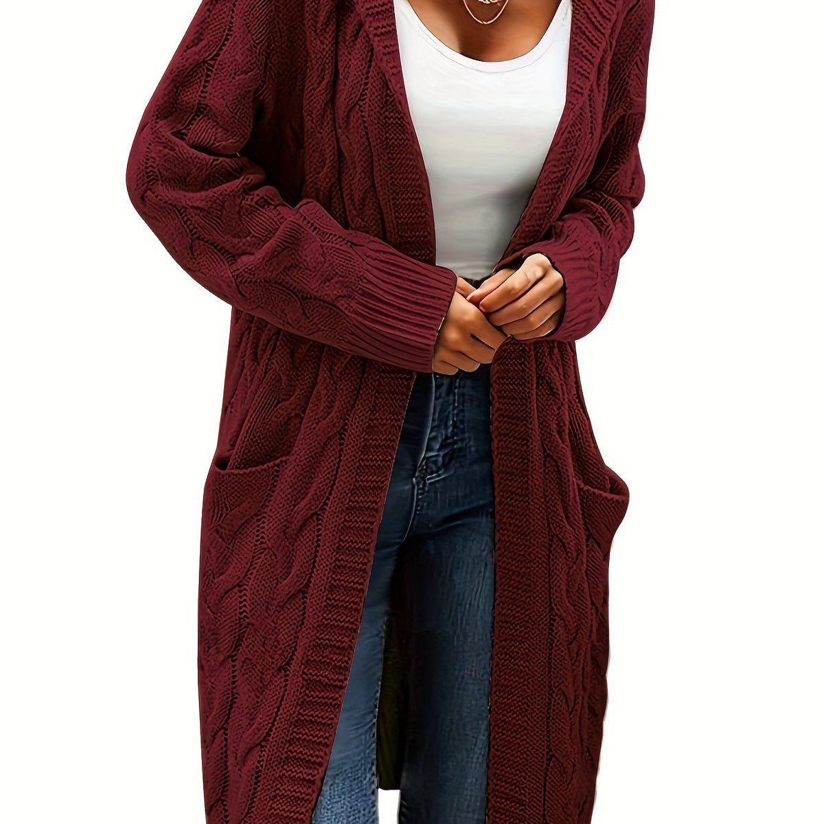 Women's long textured cable knit cardigan with open front and patch pockets