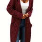 Women's long textured cable knit cardigan with open front and patch pockets