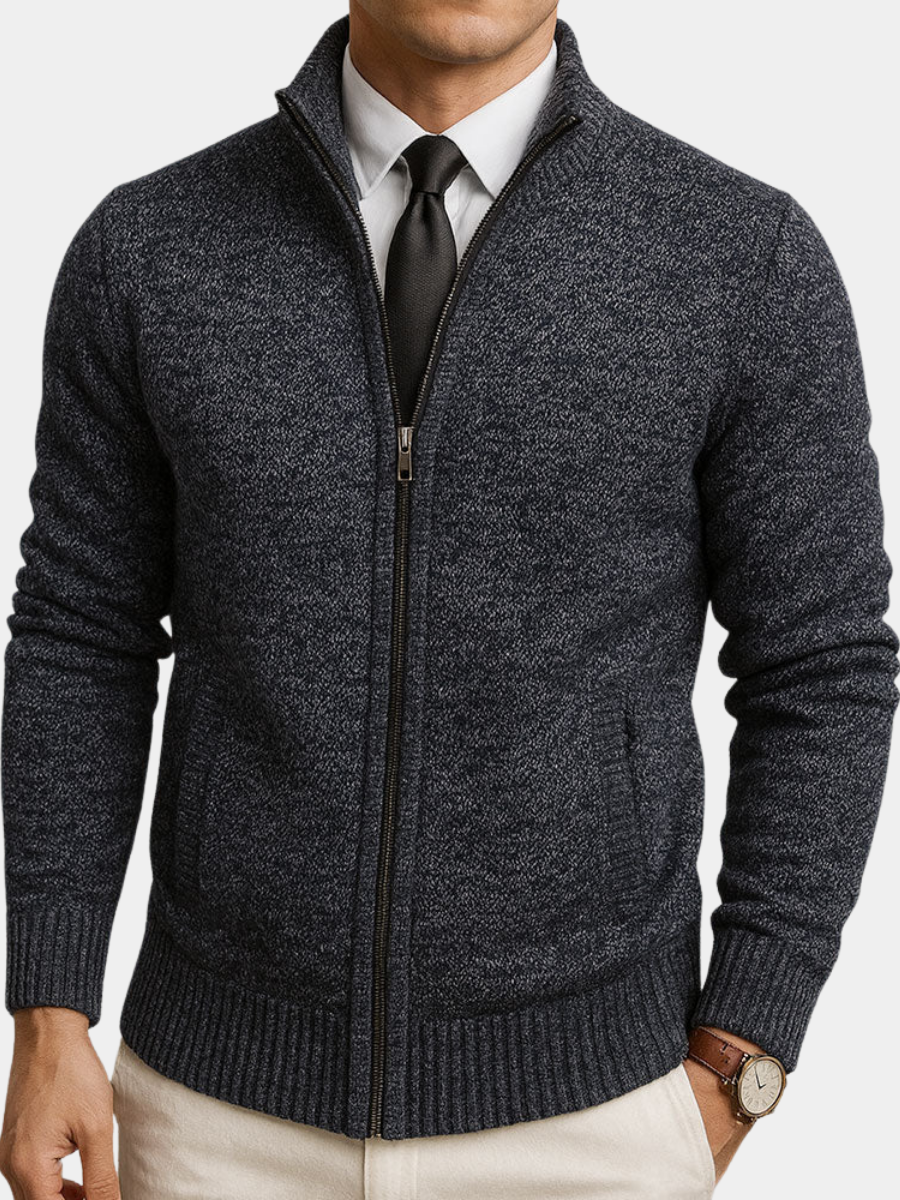 Men's zip-up cardigan sweater with stand collar, long sleeves and ribbed trims