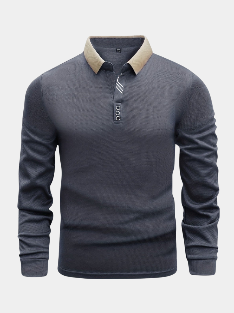 Men's long sleeve polo shirt with contrast collar and button placket