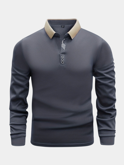 Men's long sleeve polo shirt with contrast collar and button placket