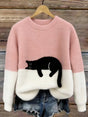 Women's oversized colour-block jumper with a black cat motif and crew neckline