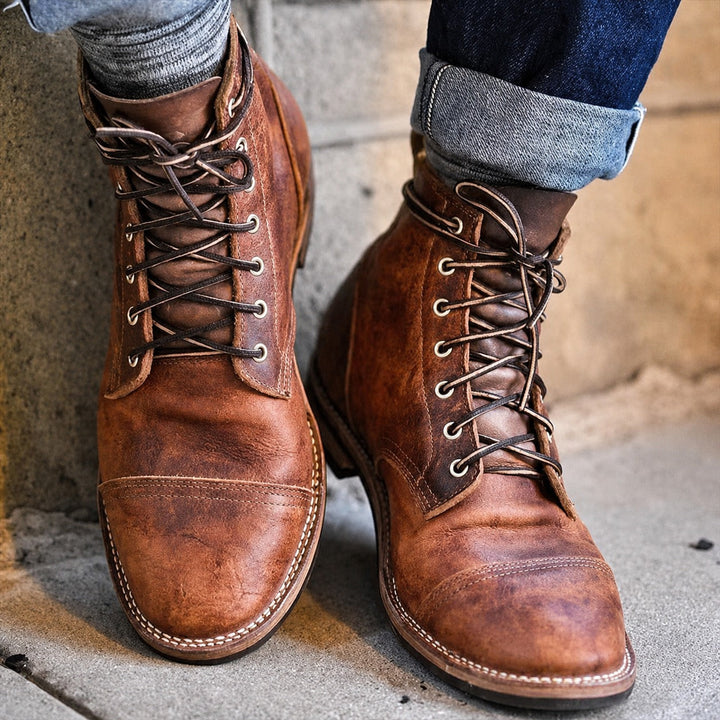 Men's classic retro lace-up ankle boots with rounded cap toes and stitched panels