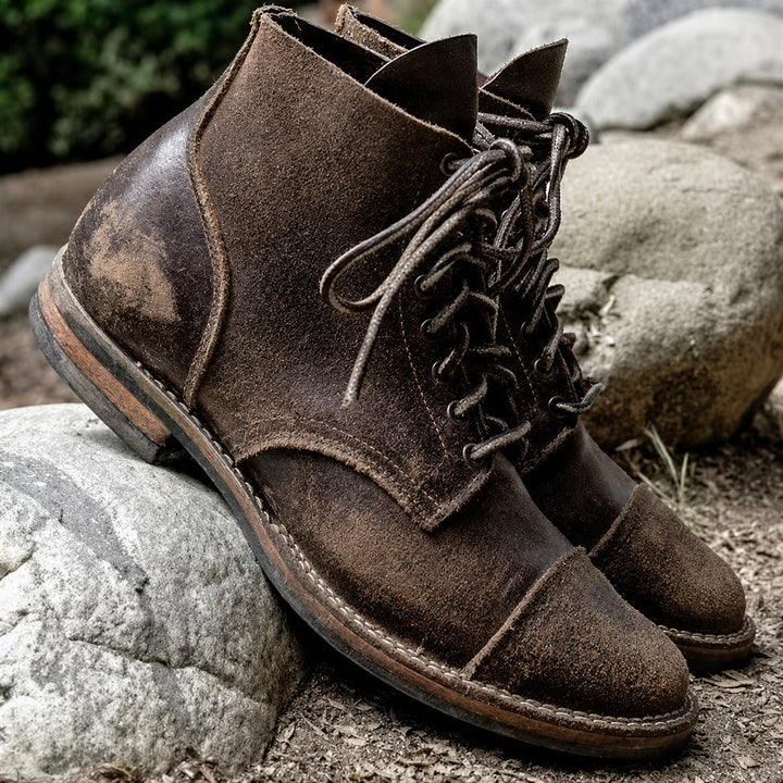 Men's classic retro lace-up ankle boots with rounded cap toes and stitched panels