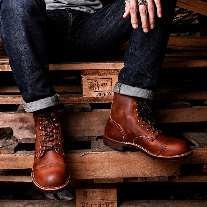 Men's classic retro lace-up ankle boots with rounded cap toes and stitched panels